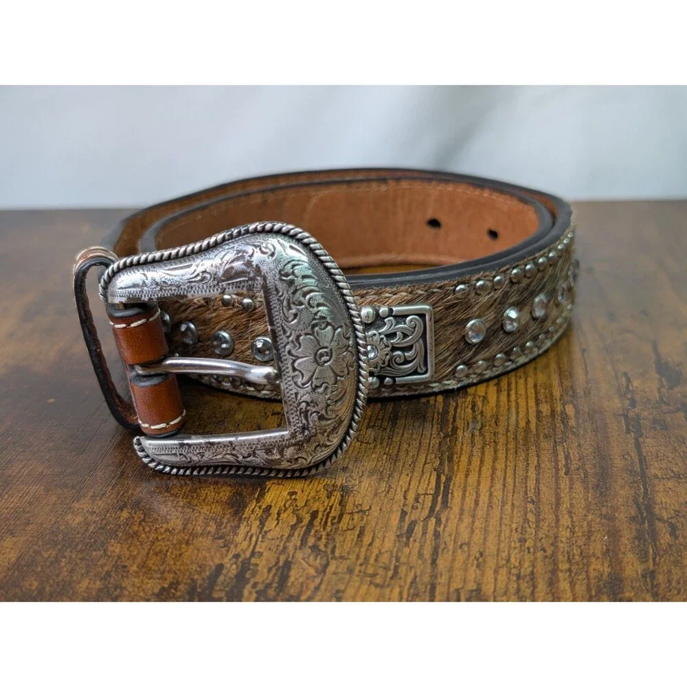 Nocona Western Boys Belt Youth Leather Scalloped Calf Hair Conchos Tan Size 26